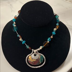 Chico's Turquoise and Brown Beaded Necklace with Silver Pendant